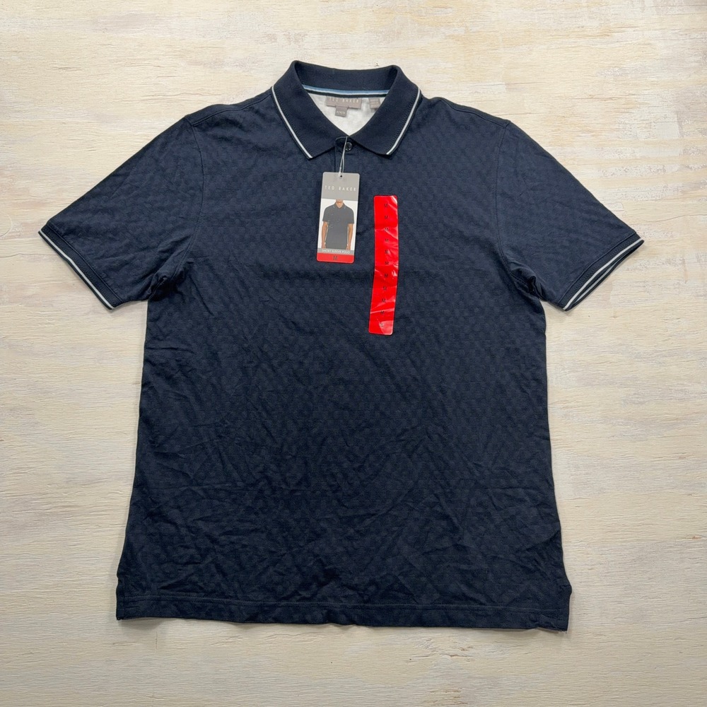 Ted Baker Polo Shirt Medium NWT Textured Knit Tipped Collar Navy Blue Mens